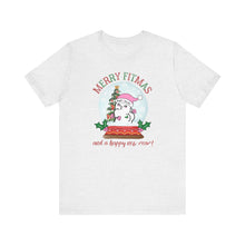 Load image into Gallery viewer, Merry FITMAS and a Happy New Rear Snowglobe Unisex Tee - Holiday Fitness Shirt for Gym Lovers