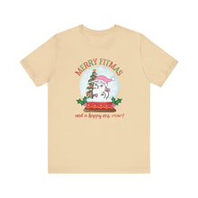 Load image into Gallery viewer, Merry FITMAS and a Happy New Rear Snowglobe Unisex Tee - Holiday Fitness Shirt for Gym Lovers