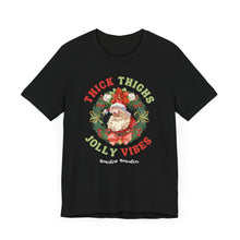 Load image into Gallery viewer, Thick Thighs, Jolly Vibes- Vintage Santa Unisex Tee - Holiday Fitness Shirt for Gym Lovers