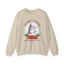 Load image into Gallery viewer, Merry Fitmas and a Happy New Rear Snowglobe Unisex Crewneck Sweatshirt - Festive Holiday Sweatshirt for All Occasions
