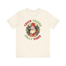 Load image into Gallery viewer, Thick Thighs, Jolly Vibes- Vintage Santa Unisex Tee - Holiday Fitness Shirt for Gym Lovers
