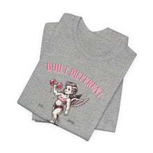 Load image into Gallery viewer, Built Different Cupid Fitness Tee — 'Built Different' Cherub Weightlifting Graphic T-Shirt