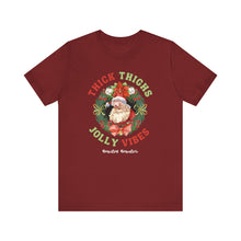 Load image into Gallery viewer, Thick Thighs, Jolly Vibes- Vintage Santa Unisex Tee - Holiday Fitness Shirt for Gym Lovers
