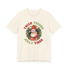 Load image into Gallery viewer, Thick Thighs, Jolly Vibes- Vintage Santa Unisex Tee - Holiday Fitness Shirt for Gym Lovers
