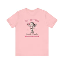 Load image into Gallery viewer, Built Different Cupid Fitness Tee — 'Built Different' Cherub Weightlifting Graphic T-Shirt
