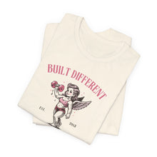 Load image into Gallery viewer, Built Different Cupid Fitness Tee — 'Built Different' Cherub Weightlifting Graphic T-Shirt
