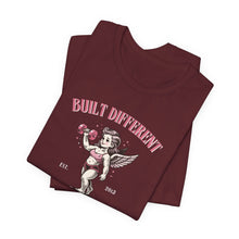 Load image into Gallery viewer, Built Different Cupid Fitness Tee — 'Built Different' Cherub Weightlifting Graphic T-Shirt
