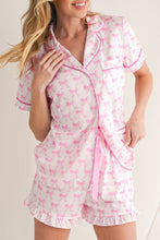 Load image into Gallery viewer, Bowknot Shirt and Ruffle Hem Shorts Pajama Set
