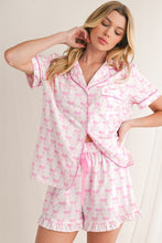 Load image into Gallery viewer, Bowknot Shirt and Ruffle Hem Shorts Pajama Set
