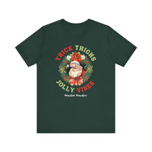 Load image into Gallery viewer, Thick Thighs, Jolly Vibes- Vintage Santa Unisex Tee - Holiday Fitness Shirt for Gym Lovers

