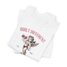Load image into Gallery viewer, Built Different Cupid Fitness Tee — 'Built Different' Cherub Weightlifting Graphic T-Shirt
