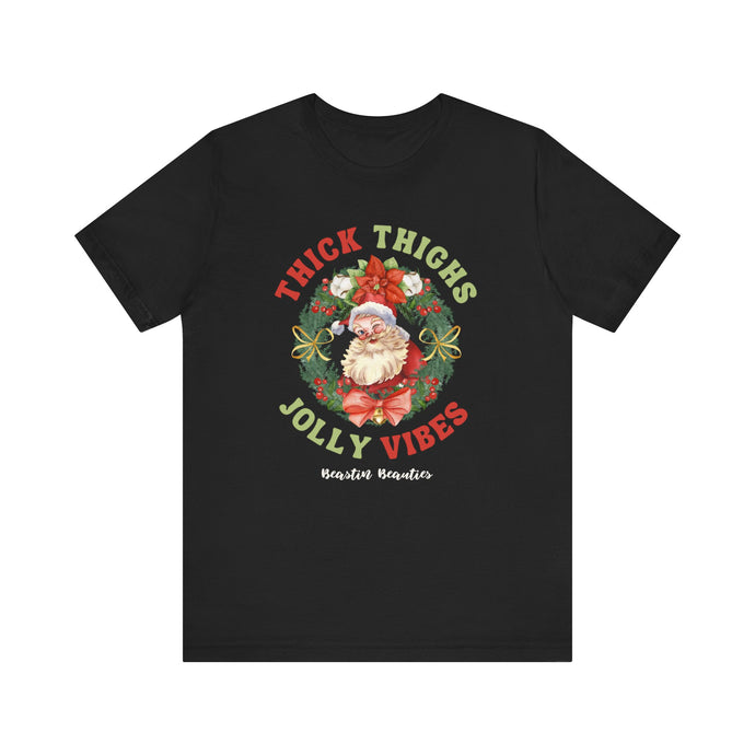 Thick Thighs, Jolly Vibes- Vintage Santa Unisex Tee - Holiday Fitness Shirt for Gym Lovers